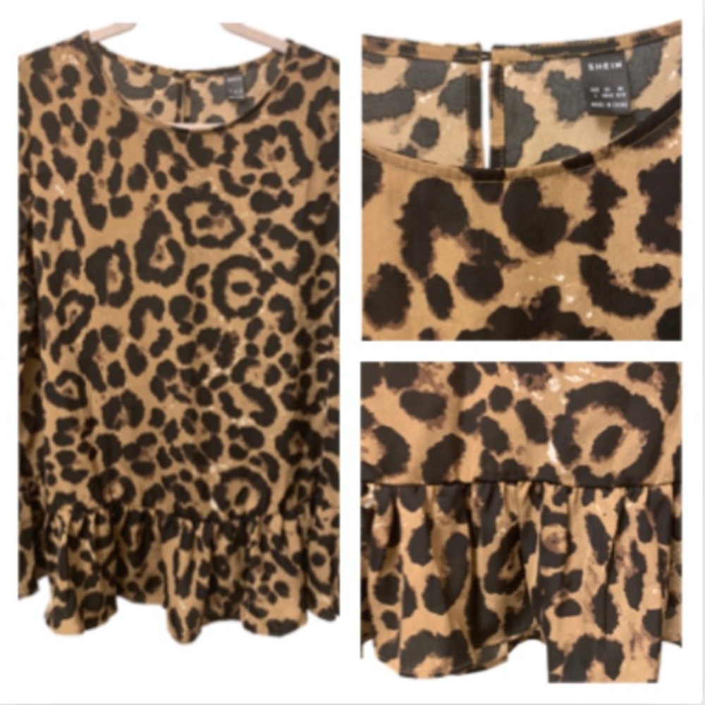 Leopard Print Short Sleeve Peplum hem Scoop Neck Blouse Sz L (NWOT)